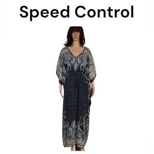 Speed Control Paisley Navy Blue White V-Neck 3/4 Sleeve Kaftan Maxi Dress 2X